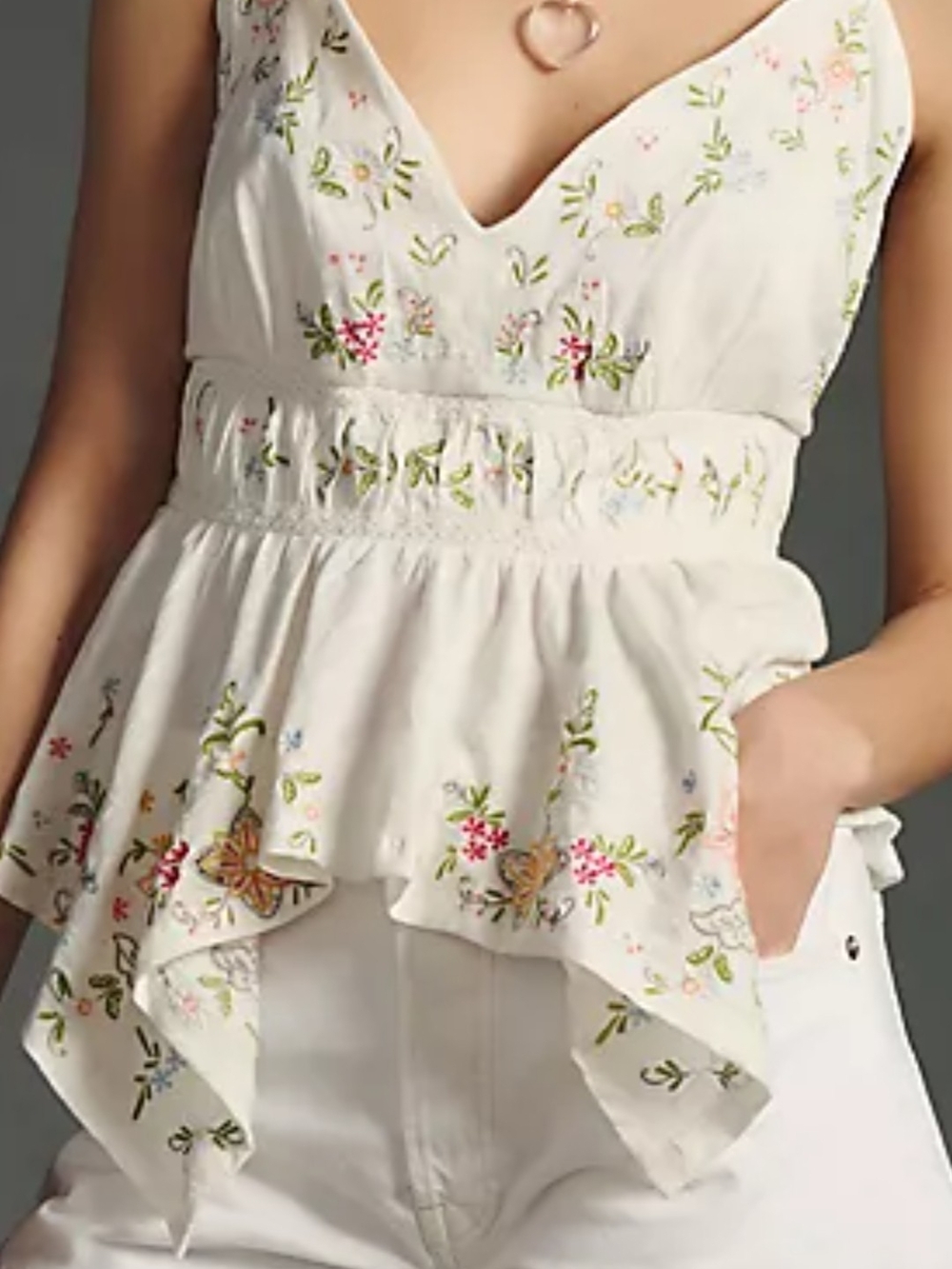 Anthropology embroidered Cream Peplum Tank with Floral & Butterfly Details